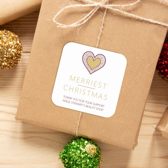Pegatina Cuadrada Chic Merry Christmas Gold Heart Lace Effect Thanks (Chic Merry Christmas Fake Golden Heart Lace Effect Thanks Supporting Small Business Square Sticker.)
