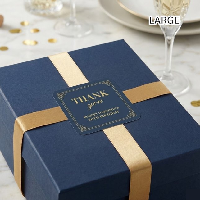 Pegatina Cuadrada Chic Navy Gold Art Deco 80th Birthday Thank You (Subido por el creador)