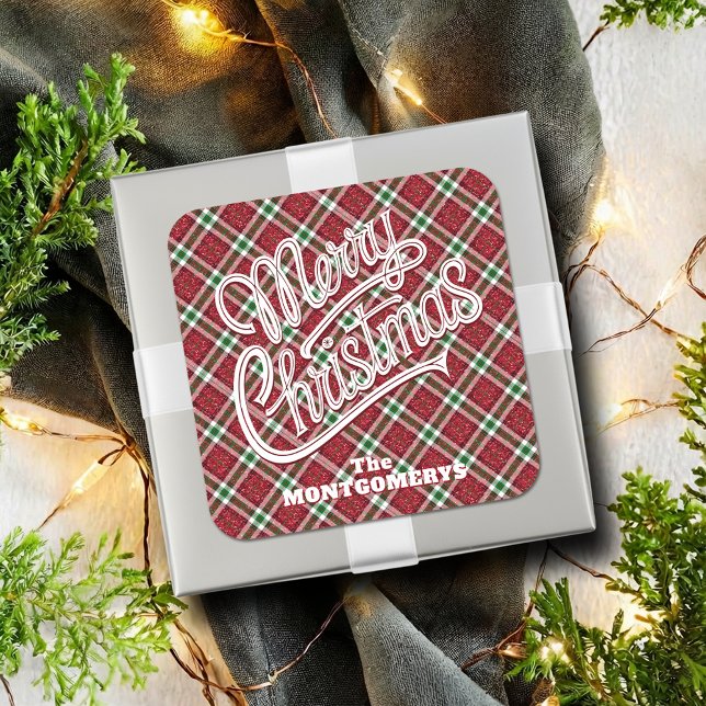 Pegatina Cuadrada Chic Plaid Navideño Brillante (Chic faux sparkly plaid Christmas square stickers - 3" shown or 1-1/2")