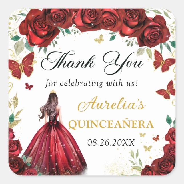 Pegatina Cuadrada Chic Red Roses Floral Quinceañera Princesa Sticker (Anverso)