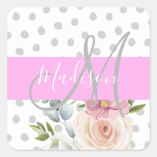 Pegatina Cuadrada Chic y femenino floral blanco rosa gris monograma
