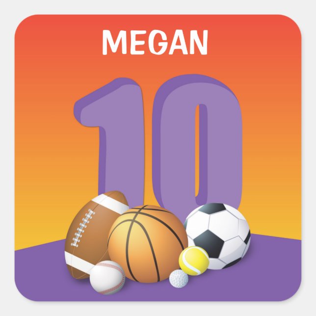 Pegatina Cuadrada Chica 10.ª Bolas Deportivas de Cumpleaños (Anverso)