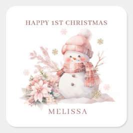 Pegatina Cuadrada Chica 1.ᵉʳ Navidades Pink Snowman