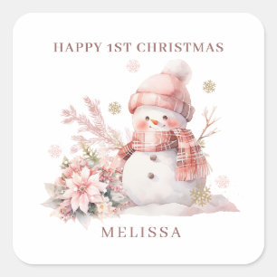 Pegatina Cuadrada Chica 1.ᵉʳ Navidades Pink Snowman