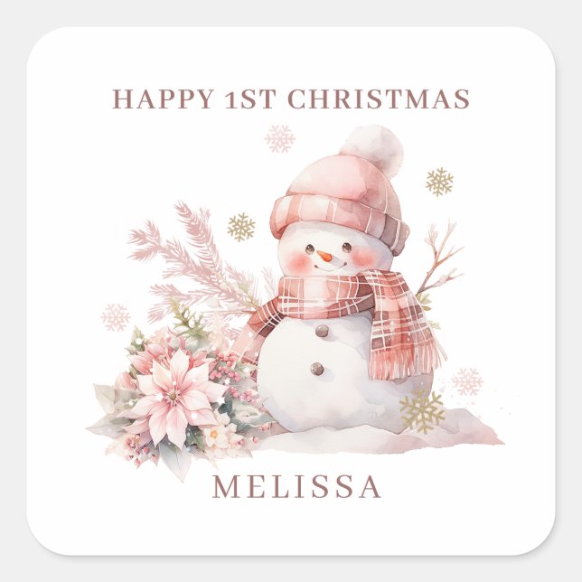 Pegatina Cuadrada Chica 1.ᵉʳ Navidades Pink Snowman (Anverso)