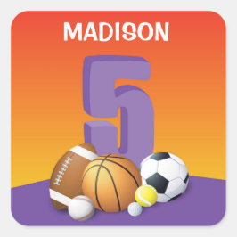 Pegatina Cuadrada Chica 5.ª Bolas Deportivas de Cumpleaños