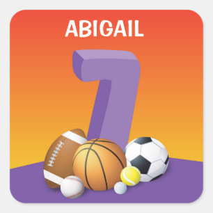 Pegatina Cuadrada Chica 7.ª Bolas Deportivas de Cumpleaños