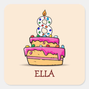 Pegatina Cuadrada Chica 8 cumpleaños, 8 en pastelito rosa dulce