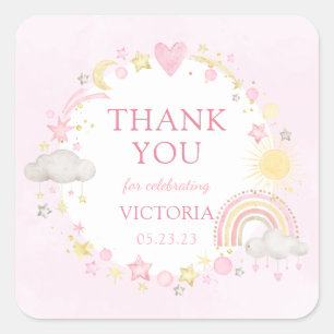 Pegatina Cuadrada Chica acuarela Arcoiris Baby Shower