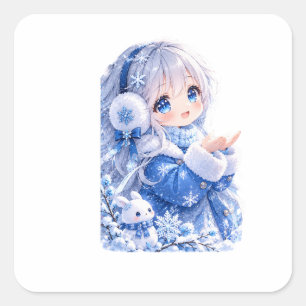 Pegatina Cuadrada Chica adorable de anime de invierno