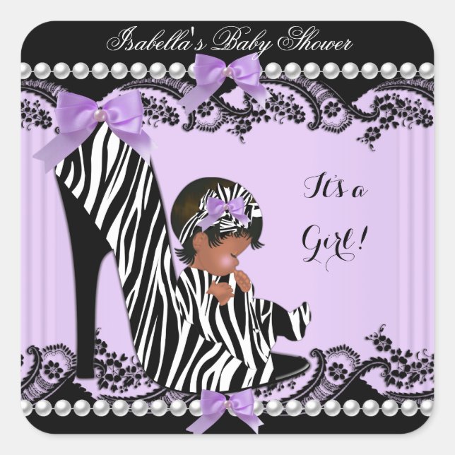 Pegatina Cuadrada Chica afroamericano de Baby Shower Zebra Purple (Anverso)
