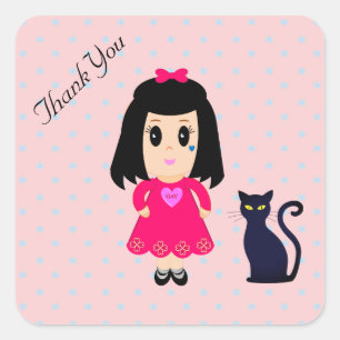 Pegatina Cuadrada Chica Agradecida y Gato con Estrellas en Rosa
