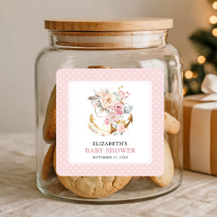 Pegatina Cuadrada Chica ancla floral boho Baby Shower