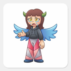 Pegatina Cuadrada Chica Ángel Demonio Llorando Alas Azules Personaje
