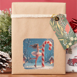 Pegatina Cuadrada Chica Anime Bailarina & Caña de Caramelo Navidad