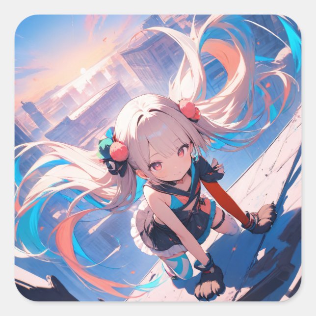 Pegatina Cuadrada Chica anime capricho en movimiento (Anverso)