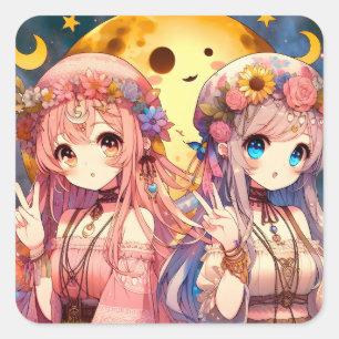 Pegatina Cuadrada Chica Anime Hippie Luna Chicas Dando Signo de Paz