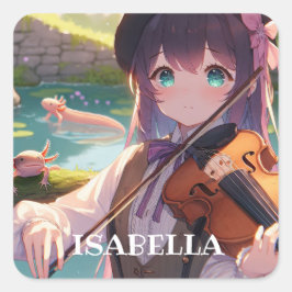 Pegatina Cuadrada Chica anime jugando al violín personalizado
