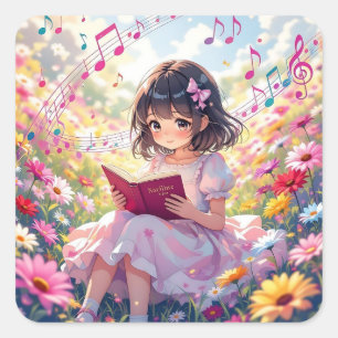 Pegatina Cuadrada Chica Anime Linda Leyendo un Libro