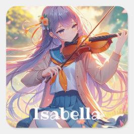 Pegatina Cuadrada Chica anime personalizado jugando al violín