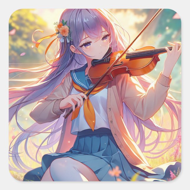 Pegatina Cuadrada Chica anime personalizado jugando al violín (Anverso)