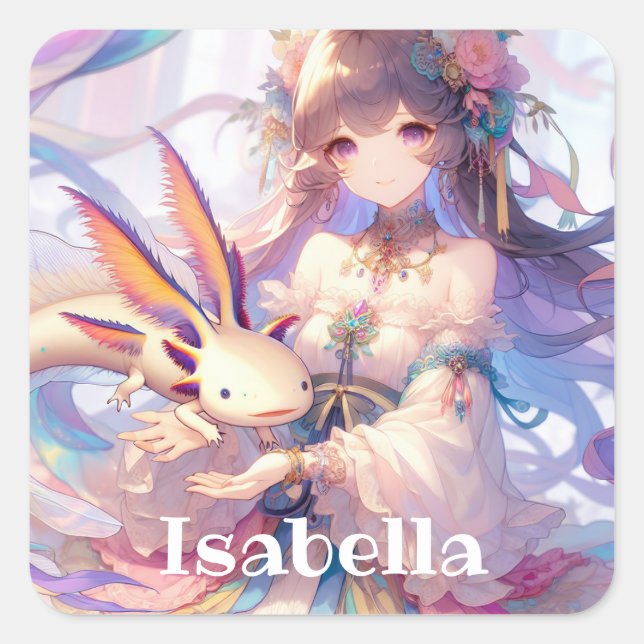 Pegatina Cuadrada Chica Anime personalizado y Axolotl (Anverso)