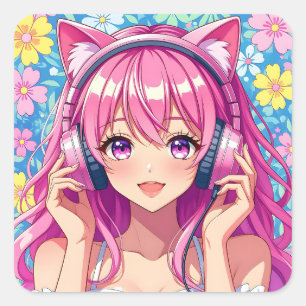 Pegatina Cuadrada Chica anime rosa linda con auriculares