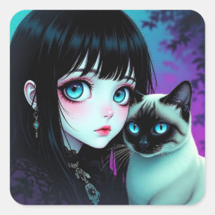 Pegatina Cuadrada Chica Anime y Gato Siames 
