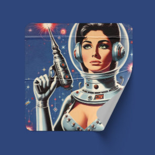 Pegatina Cuadrada Chica Astronauta de Ciencia Ficción Vintage