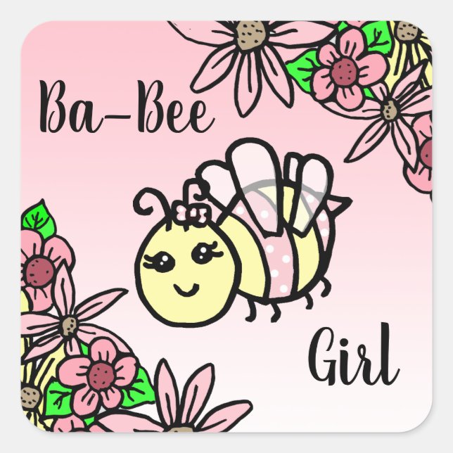Pegatina Cuadrada Chica Ba-Bee Honey Bee and Flowers Baby Shower (Anverso)