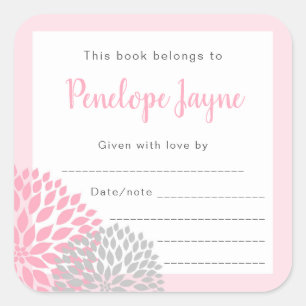 Pegatina Cuadrada Chica Baby Shower Bookplate, trae un libro