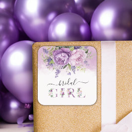 Pegatina Cuadrada Chica Baby Shower De Flores De Jardín Púrpura Y Ro