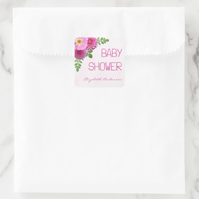 Pegatina Cuadrada Chica Baby Shower Pink Purple Dahlia (Bolso)