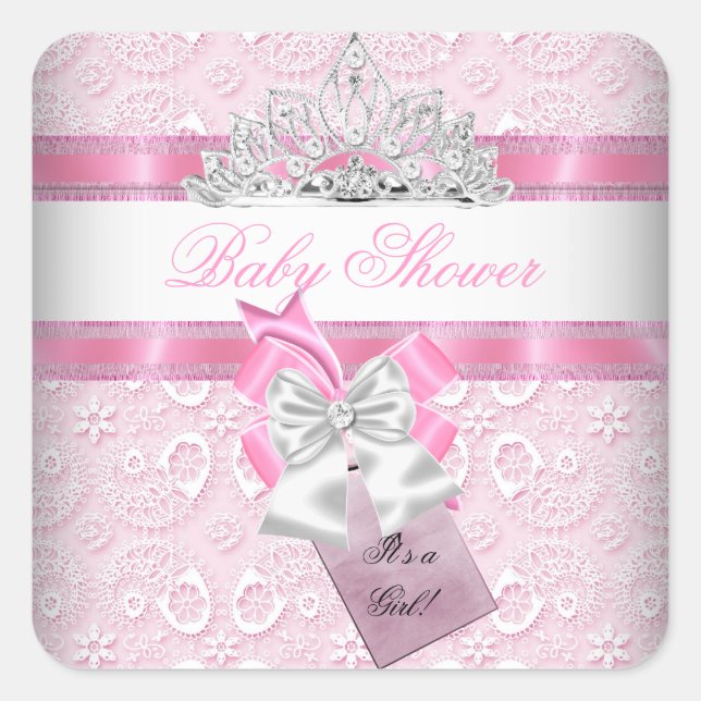 Pegatina Cuadrada Chica Baby Shower Princesa Rosa Tiara (Anverso)