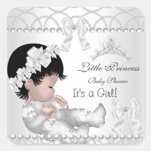 Pegatina Cuadrada Chica Baby Shower Silver White Tiara