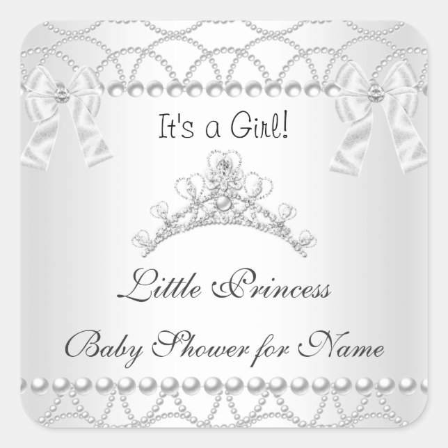 Pegatina Cuadrada Chica Baby Shower Silver White Tiara 2 (Anverso)