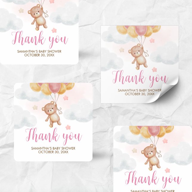 Pegatina Cuadrada Chica Bear Bearly Wait Baby Shower (We Can Bearly Wait Bear Balloons Baby Shower Sticker)
