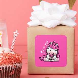 Pegatina Cuadrada Chica bebé rosa Unicornio Fiesta de revelación de