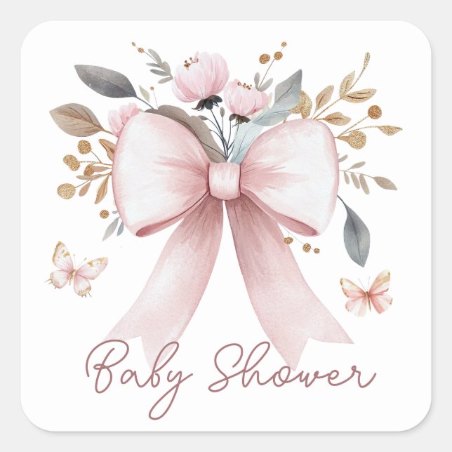 Pegatina Cuadrada Chica Boho Floral Pink Bow Baby Shower (Anverso)