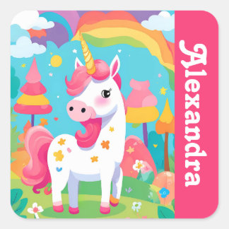 Pegatina Cuadrada Chica Bright Pink Cute Unicorn