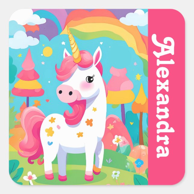 Pegatina Cuadrada Chica Bright Pink Cute Unicorn (Anverso)