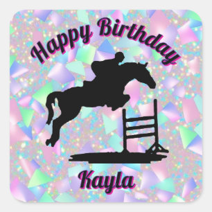 Pegatina Cuadrada Chica Caballo Confeti Iridescente Feliz Cumpleaños