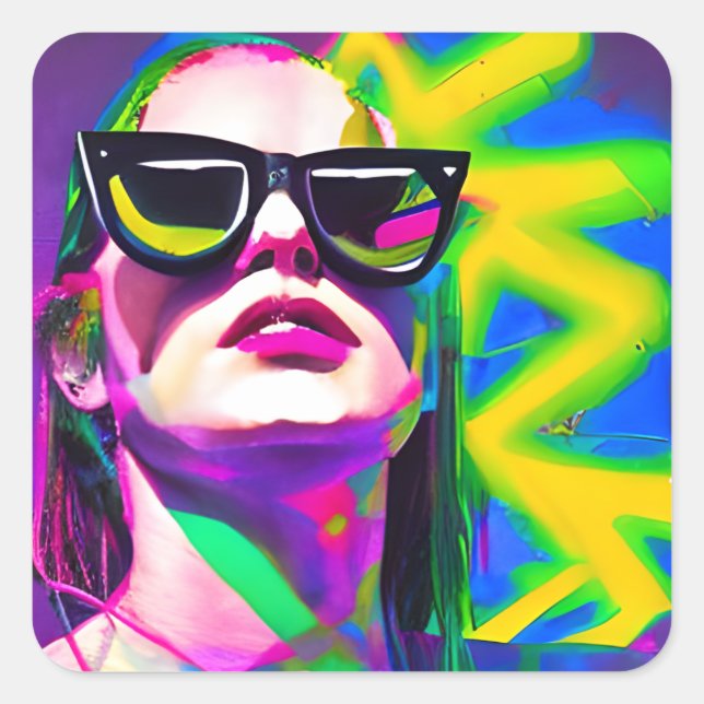 Pegatina Cuadrada Chica caliente en gafas de sol Arte moderno único (Anverso)