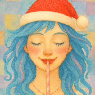 Pegatina Cuadrada Chica caprichosa de Navidad con cabello azul