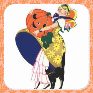 Pegatina Cuadrada Chica cargando calabaza con gato negro
