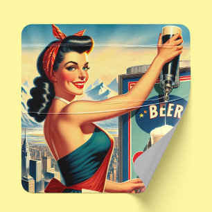 Pegatina Cuadrada Chica Cerveza Retro