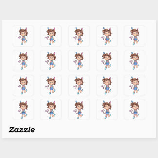 Pegatina Cuadrada Chica Chibi Adorable Helado Trenzas Personaje de D