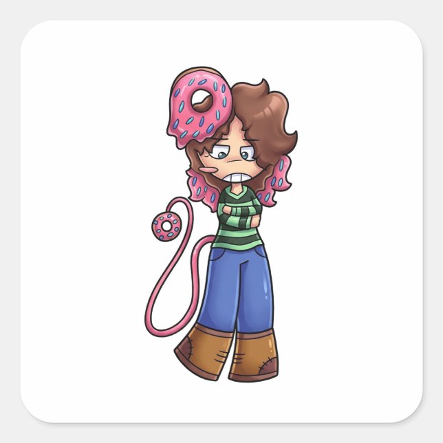 Pegatina Cuadrada Chica Chibi de Donut con Cabello Rosa  (Anverso)