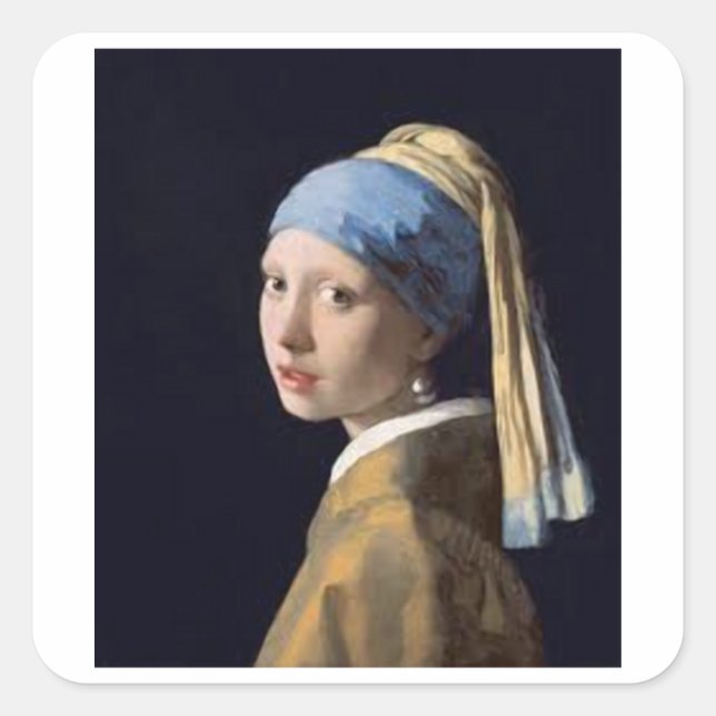 Pegatina Cuadrada Chica con arete de perlas - Johannes Vermeer (Anverso)