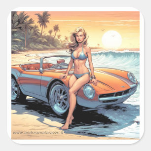 Pegatina Cuadrada Chica con coche deportivo